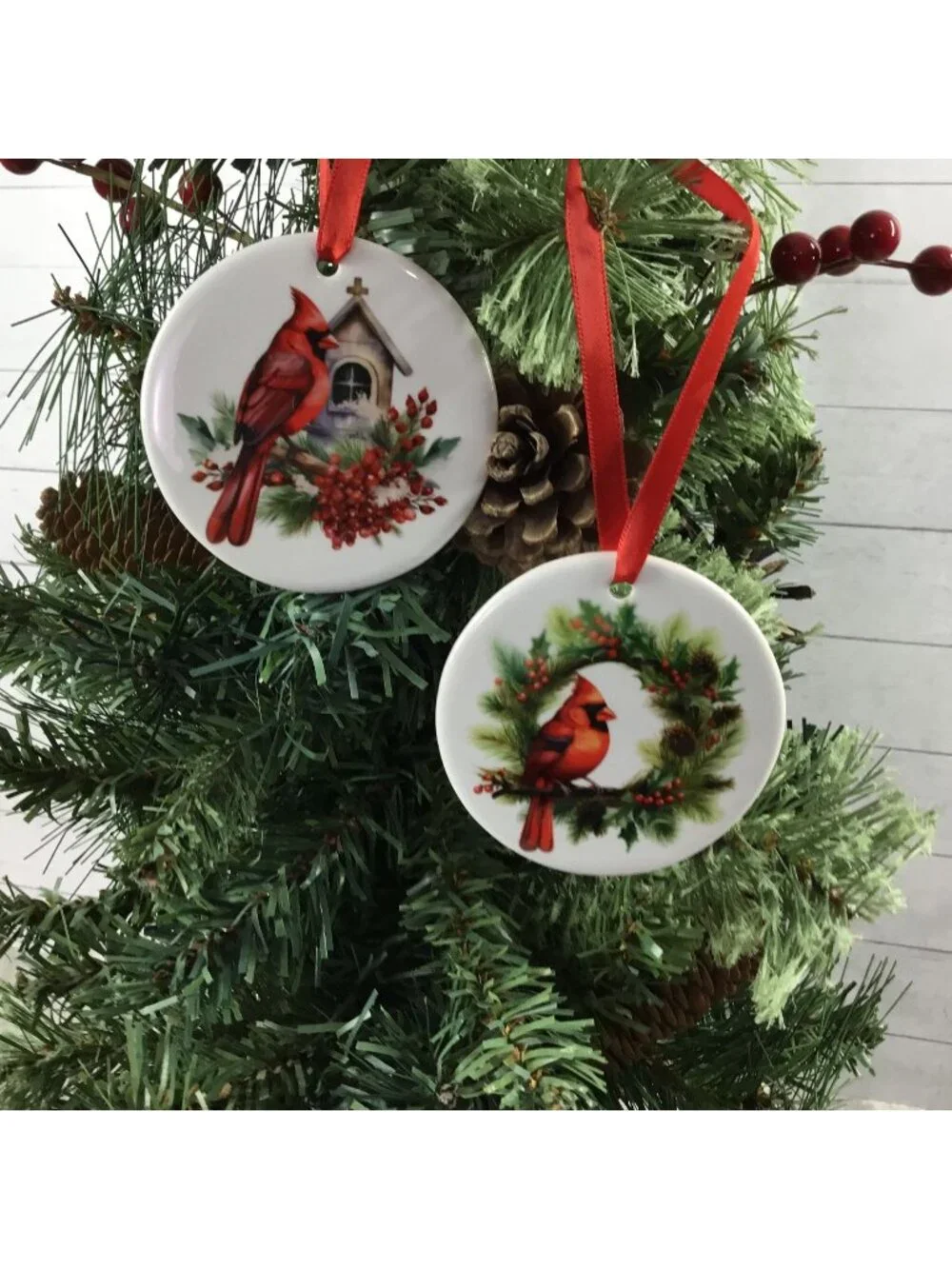 Set Of 2 Cardinal Christmas Ceramic Ornaments With Red Ribbon For Hanging